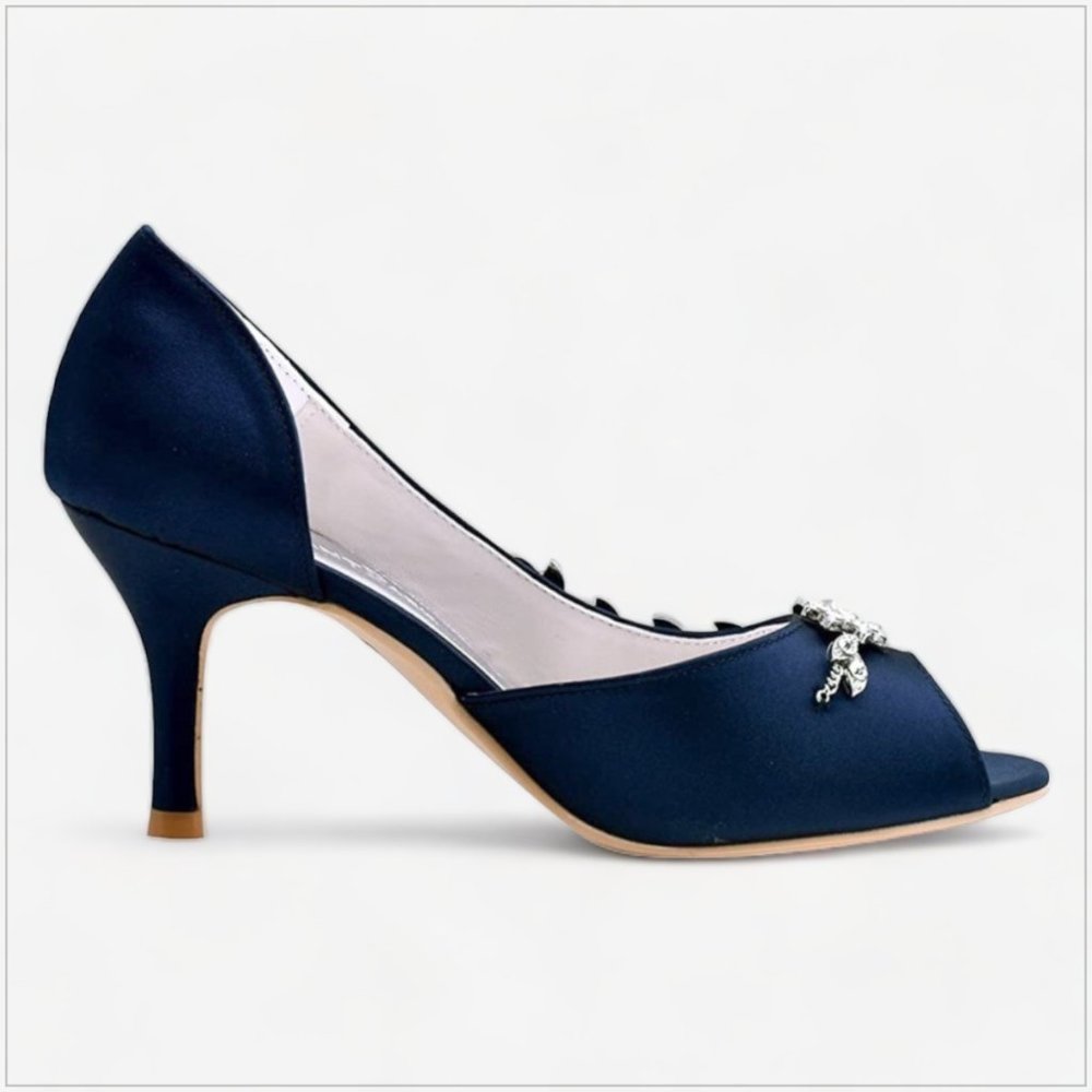 Navy Embellished Peep-Toe Heels. Size 8. - Picture 3 of 9
